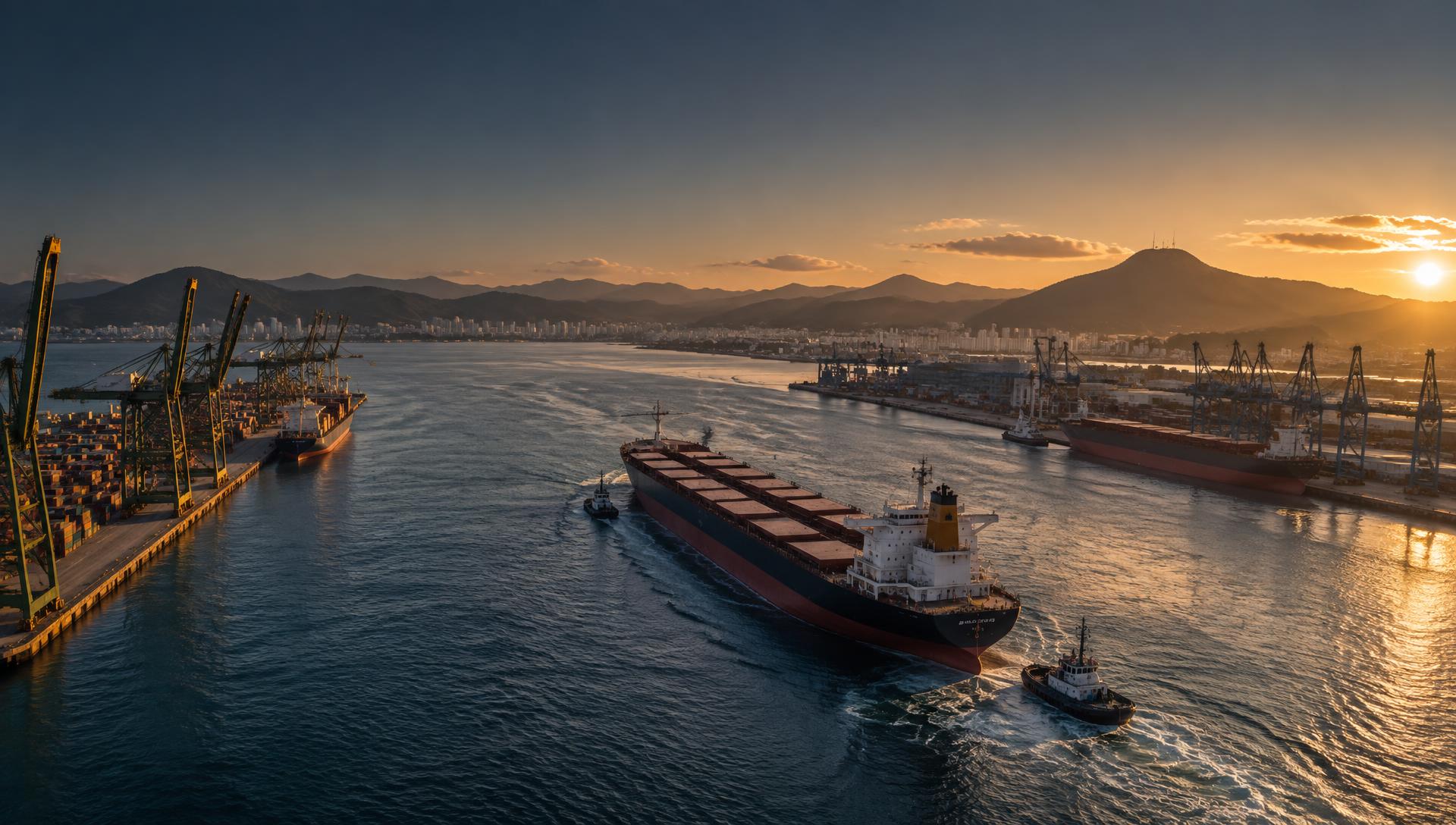 Bulk carrier leaving the Port of Santos in Brazil